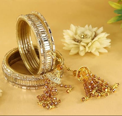 Glass Bangles Set With Crystal Stone-Latkan & Zircon Stone Work- Pack of 6