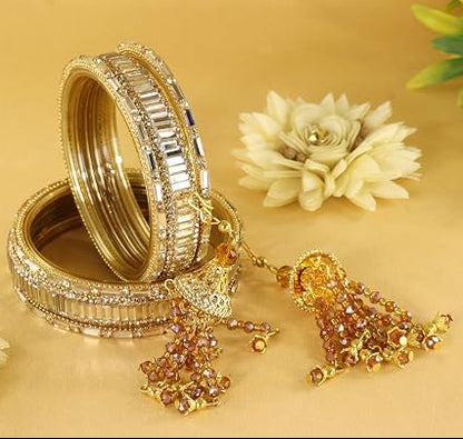 Glass Bangles Set With Crystal Stone-Latkan & Zircon Stone Work- Pack of 6