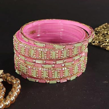 Glass Bangles Kada Set  With Zircon Stone Work - Pack of 6