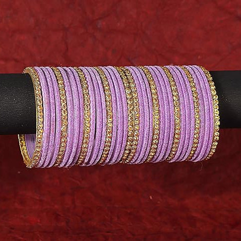 Premium Glass & Golden Beads Velvet Bangles Set – Pack of 34 (Light Purple Color)