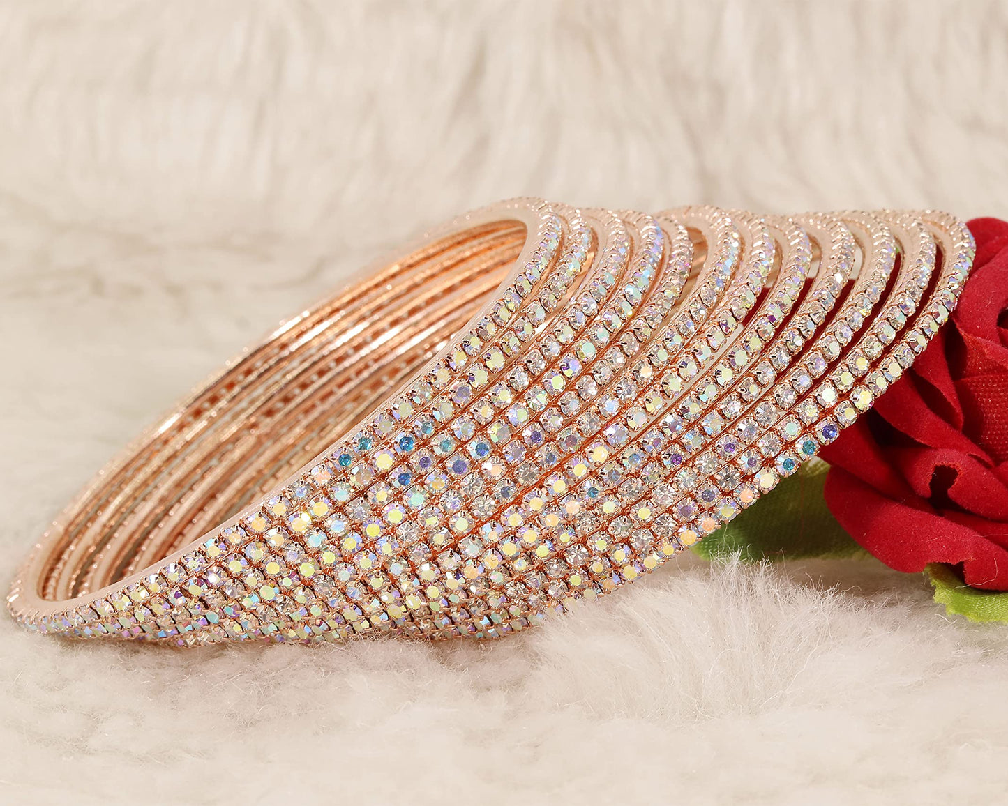 Rose Gold Zircon Studded Sleek Glossy Bangles Set of 12