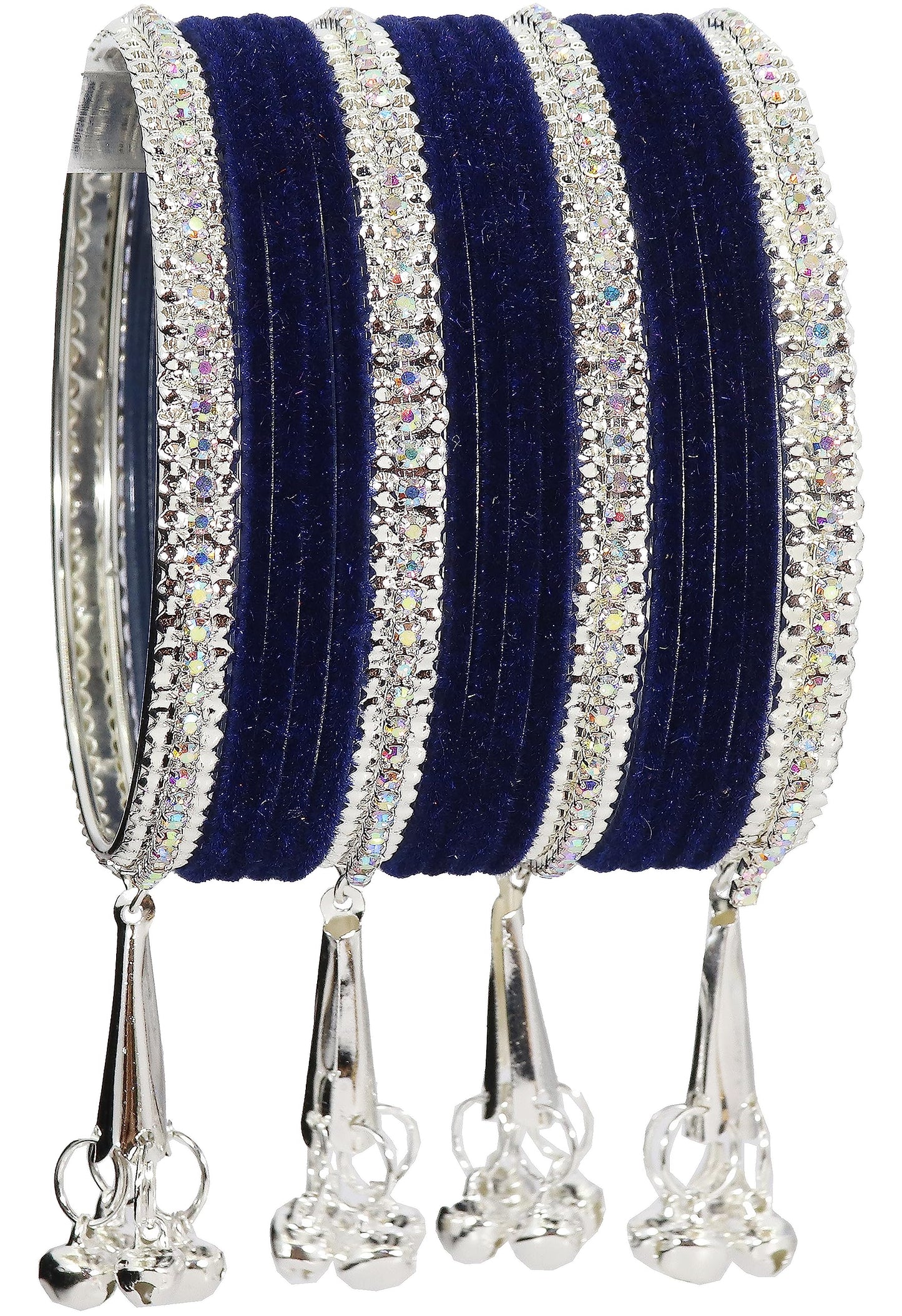 Navy Blue Velvet with Silver Latkan  Zircon  Metal Bangles Set of 16
