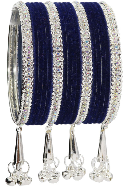 Navy Blue Velvet with Silver Latkan  Zircon  Metal Bangles Set of 16
