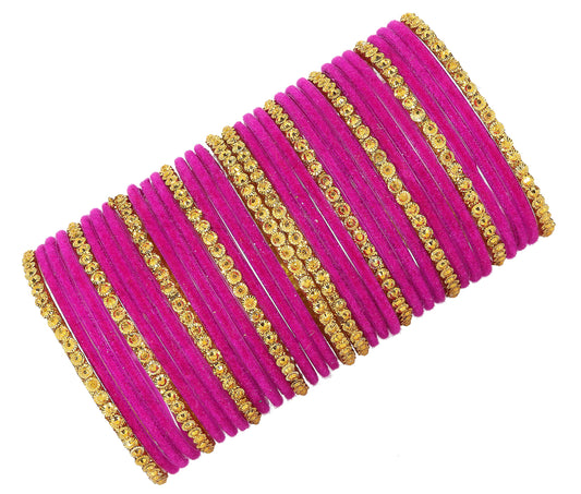 Premium Glass & Golden Beads Velvet Bangles Set – Pack of 34 (Magenta Color)