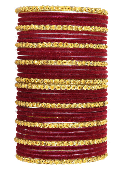 Royal Glow – Maroon Velvet & Glass Bangles Set (34 Pieces)