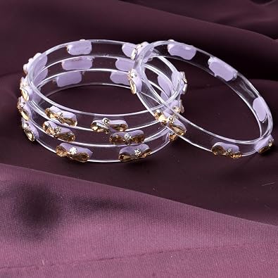 Transparent Glass Kada Set With Golden Zircon Stones & Kundan - Pack of 4