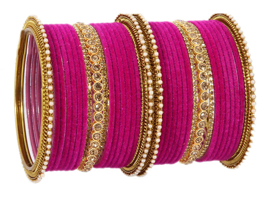Magenta Velvet Bridal Chuda Set – Metal Base with Zircon Diamond-Studded Bangles