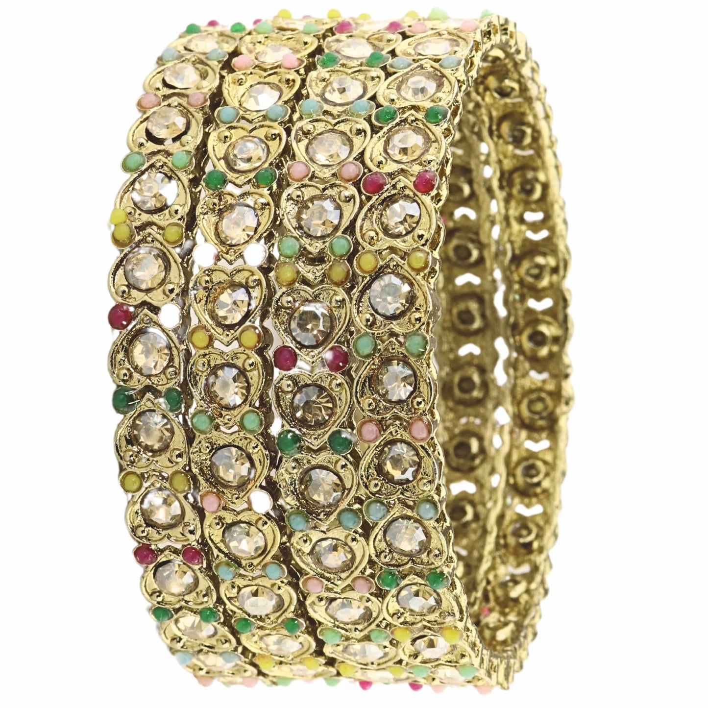 Antique Metal Bangles Set Heart Design Adorned with Zircon Stones & Beads Work For Women & Girls-Set of 4