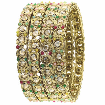 Antique Metal Bangles Set Heart Design Adorned with Zircon Stones & Beads Work For Women & Girls-Set of 4