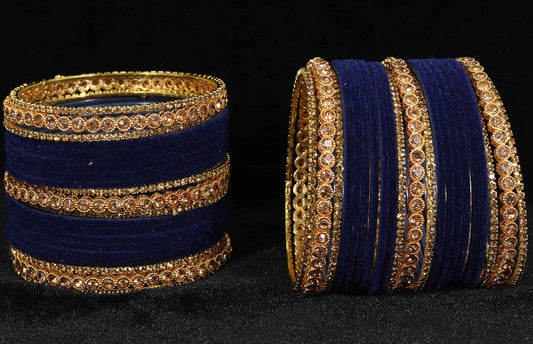 Royal Navy Velvet Gold Bridal Bangles with Zircon Stone Work (Pack of 42)