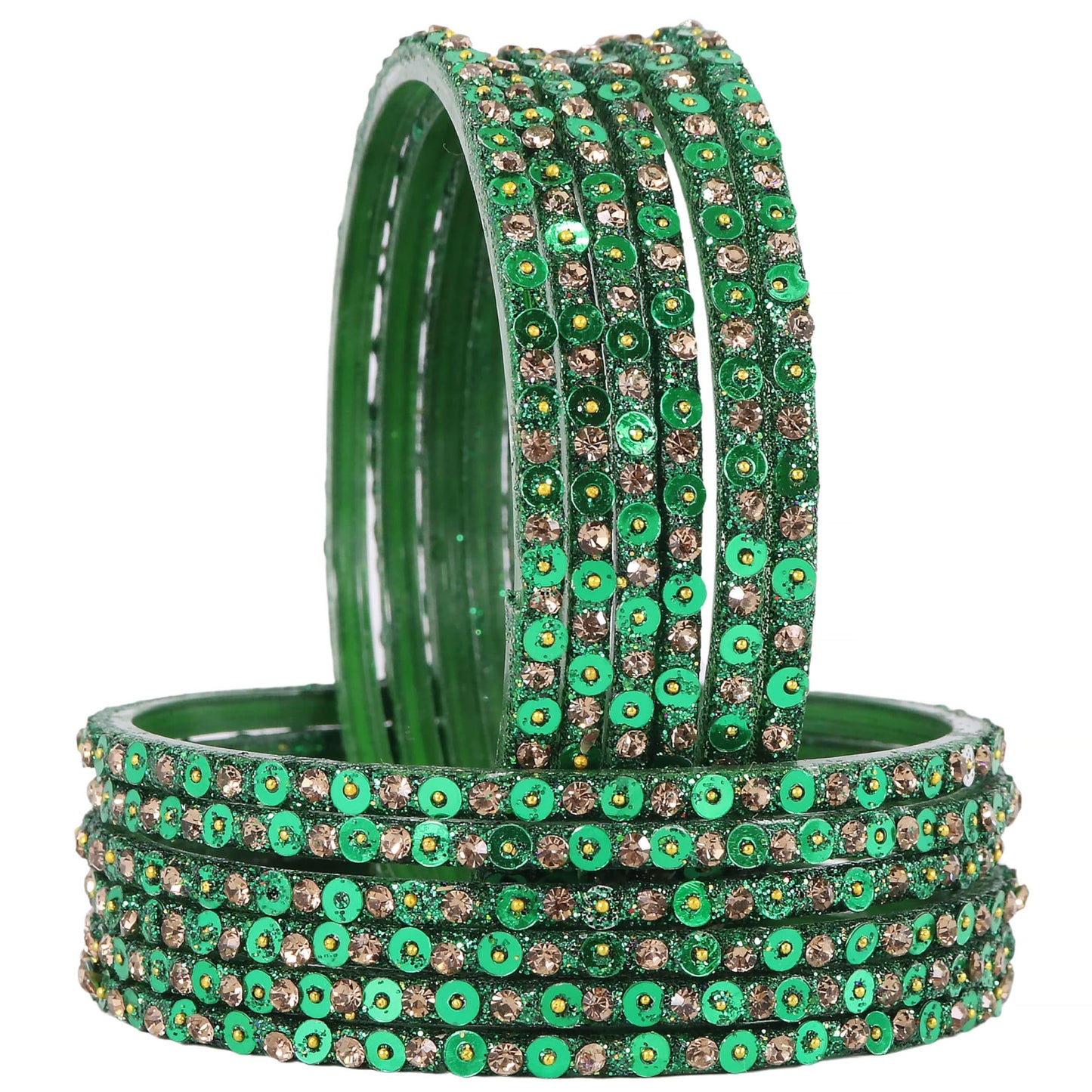 Green Glass Bangles Set with Gold Glitter & Sequins, Pack of 12