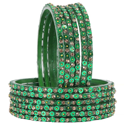 Green Glass Bangles Set with Gold Glitter & Sequins, Pack of 12