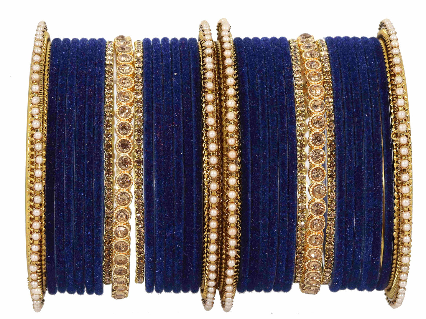 DarkBlue Velvet Bridal Chuda Set – Metal Base with Zircon Diamond-Studded Bangles