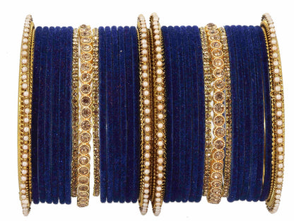 DarkBlue Velvet Bridal Chuda Set – Metal Base with Zircon Diamond-Studded Bangles