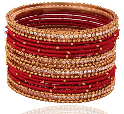 Traditional Maroon Silk Thread Bangle Set with Zircon Stones for Women & Girls