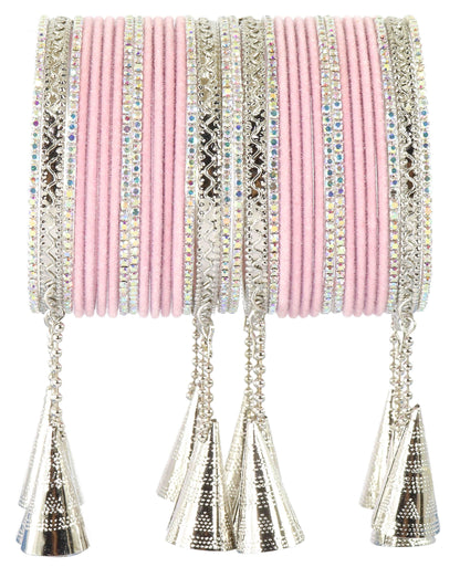 Elegant Baby Pink Velvet Zircon Stone Chuda Set with Silver Latkan – Set of 32