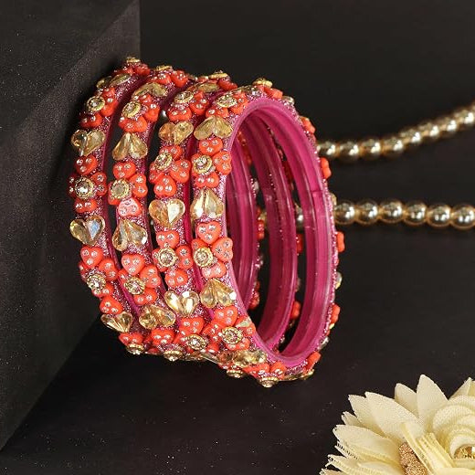 Glass Bangles Kada Set With Kundan & Zircon Stone Work - Pack of 4