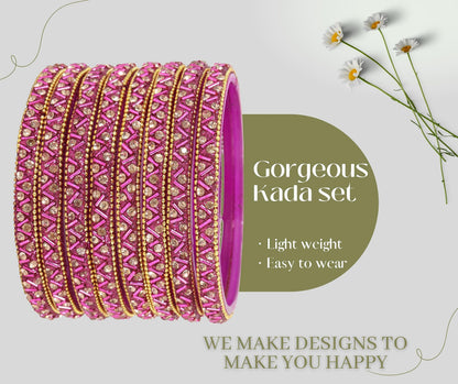 Magenta Glass Bangles Set For Girls and Women Studded Zircon Gemstone and Beads I women bangles I (Pack of 8)