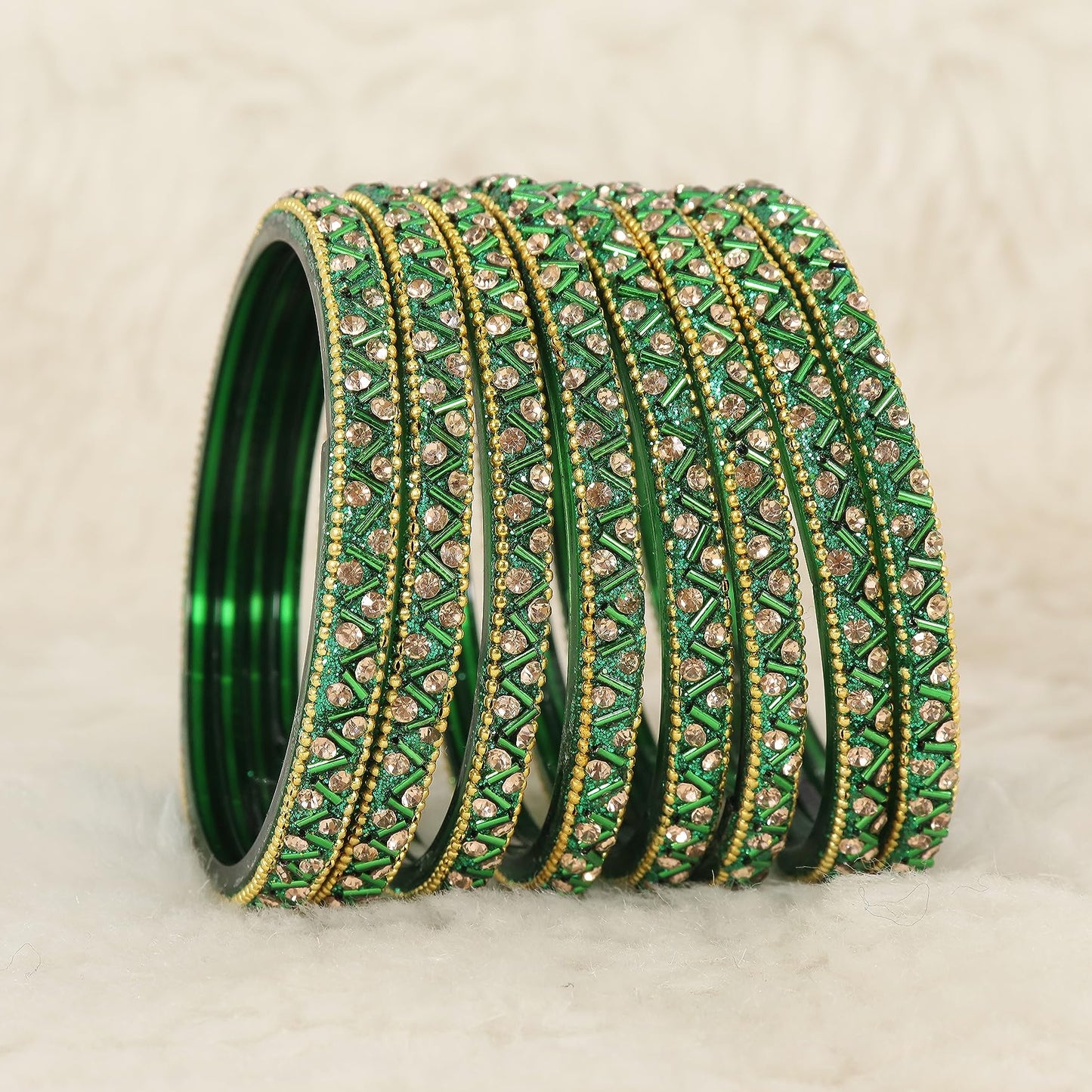 Green Glass Bangles Set For Girls and Women Studded Zircon Gemstone and Beads I women bangles I (Pack of 8)