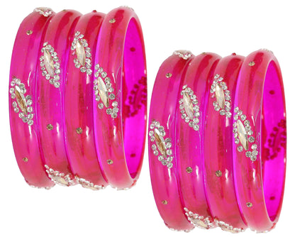 Magenta  Glass with Zircon Gemstone Studded Kada Bangles Set For Girls and Women| (Pack of 8)