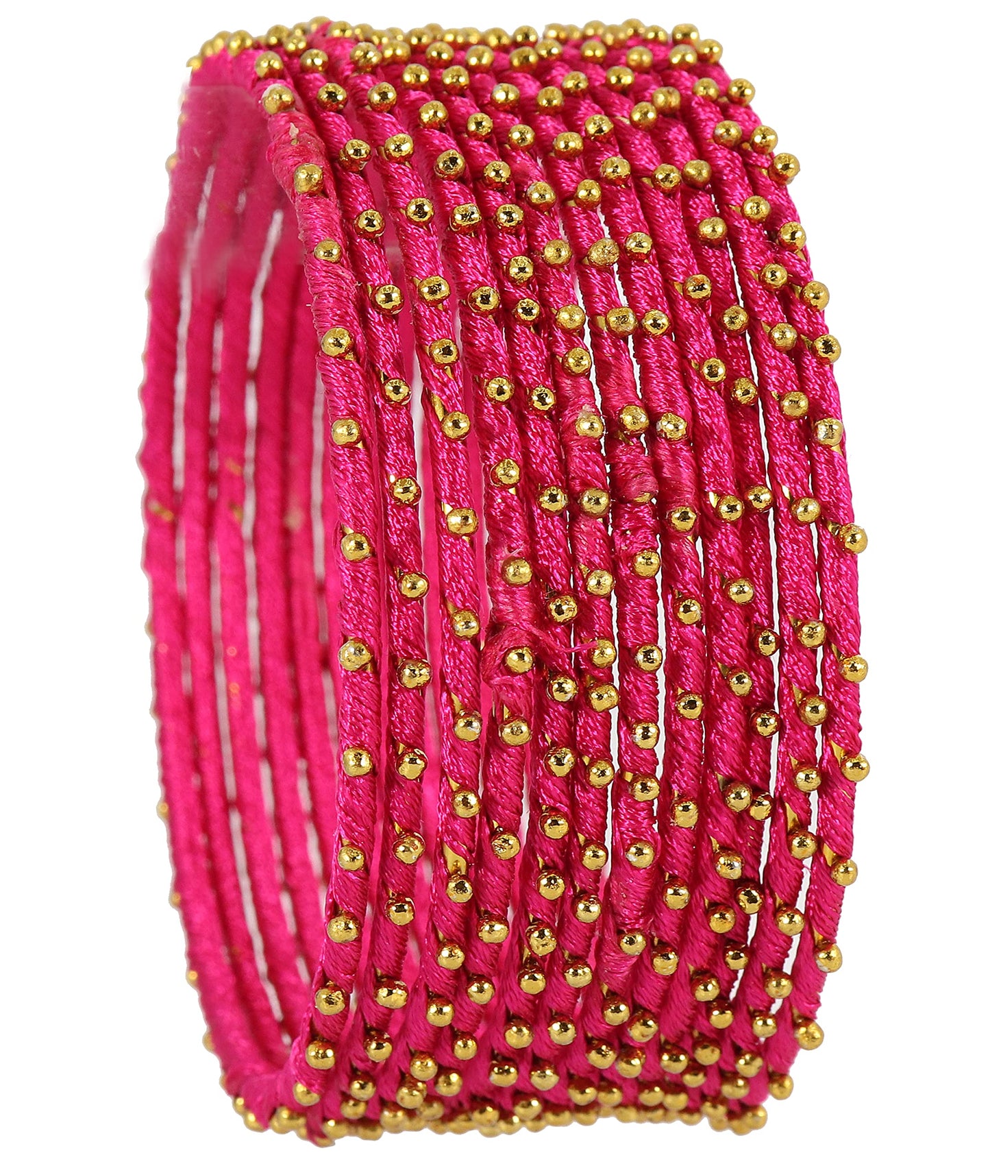 Magenta Silk Thread Ball Stone Linked Glossy Bangle Set for Women & Girls | Pack of 12
