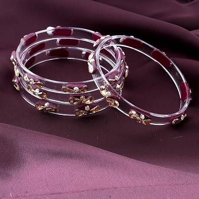 Transparent Glass Kada Set With Golden Zircon Stones & Kundan - Pack of 4