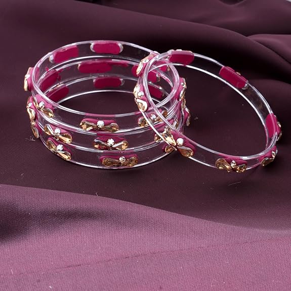 Transparent Glass Kada Set With Golden Zircon Stones & Kundan - Pack of 4