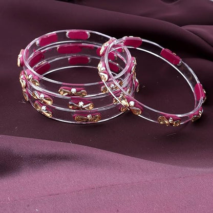 Transparent Glass Kada Set With Golden Zircon Stones & Kundan - Pack of 4