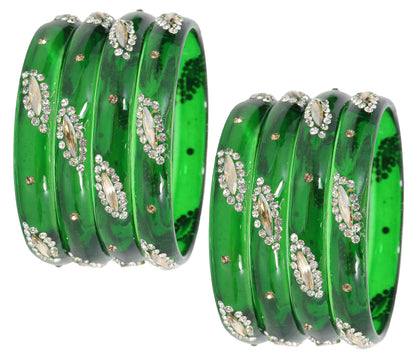Green Glass with Zircon Gemstone Studded Kada Bangles Set For Girls and Women| (Pack of 8)