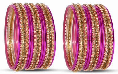 Magenta Zircon Studded Ball Chain Linked Bangle Set for Women & Girls