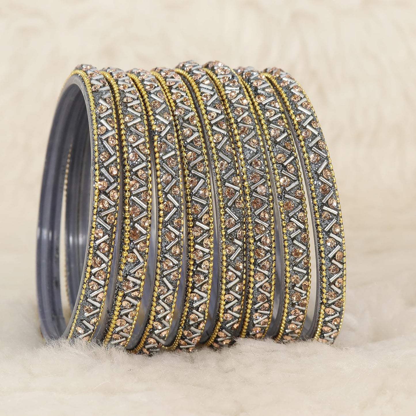 Grey Glass Bangles Set For Girls and Women Studded Zircon Gemstone and Beads I women bangles I (Pack of 8)