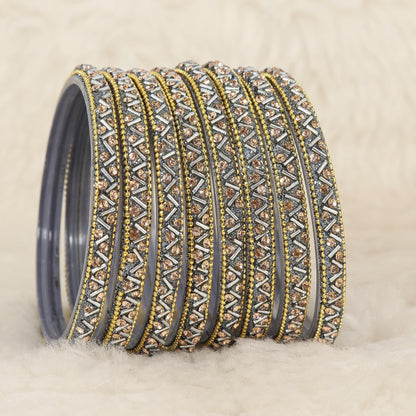 Grey Glass Bangles Set For Girls and Women Studded Zircon Gemstone and Beads I women bangles I (Pack of 8)
