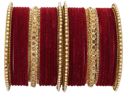 Maroon Velvet Zircon Bridal Chuda Set – Gold-Plated Metal Bangles with Pearl Detailing