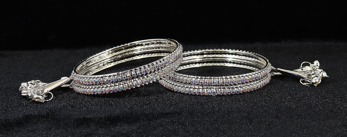 Alloy Metal With Zircon Gemstone and Bells Latkan Linked Traditional Bangles Set For Girls and Women