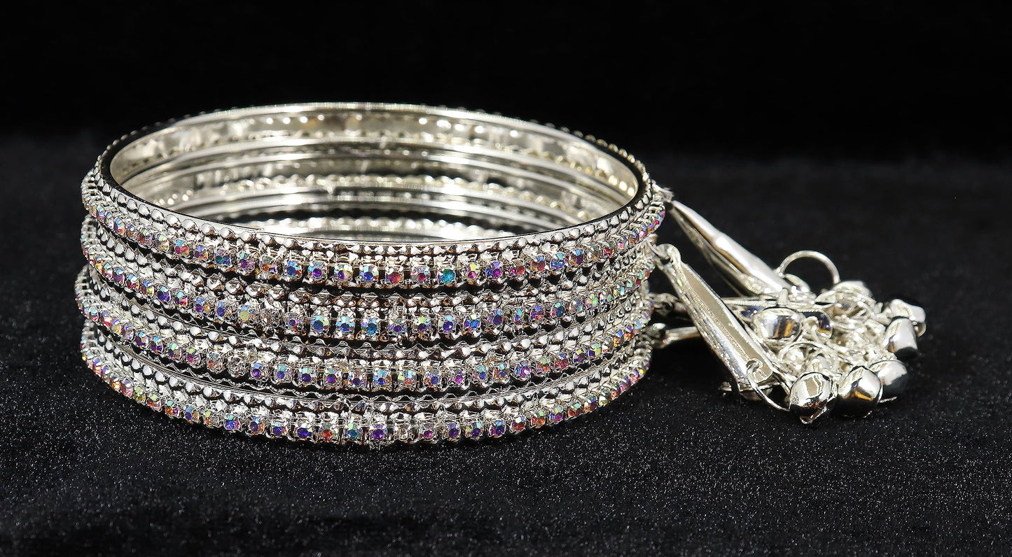 Alloy Metal With Zircon Gemstone and Bells Latkan Linked Traditional Bangles Set For Girls and Women