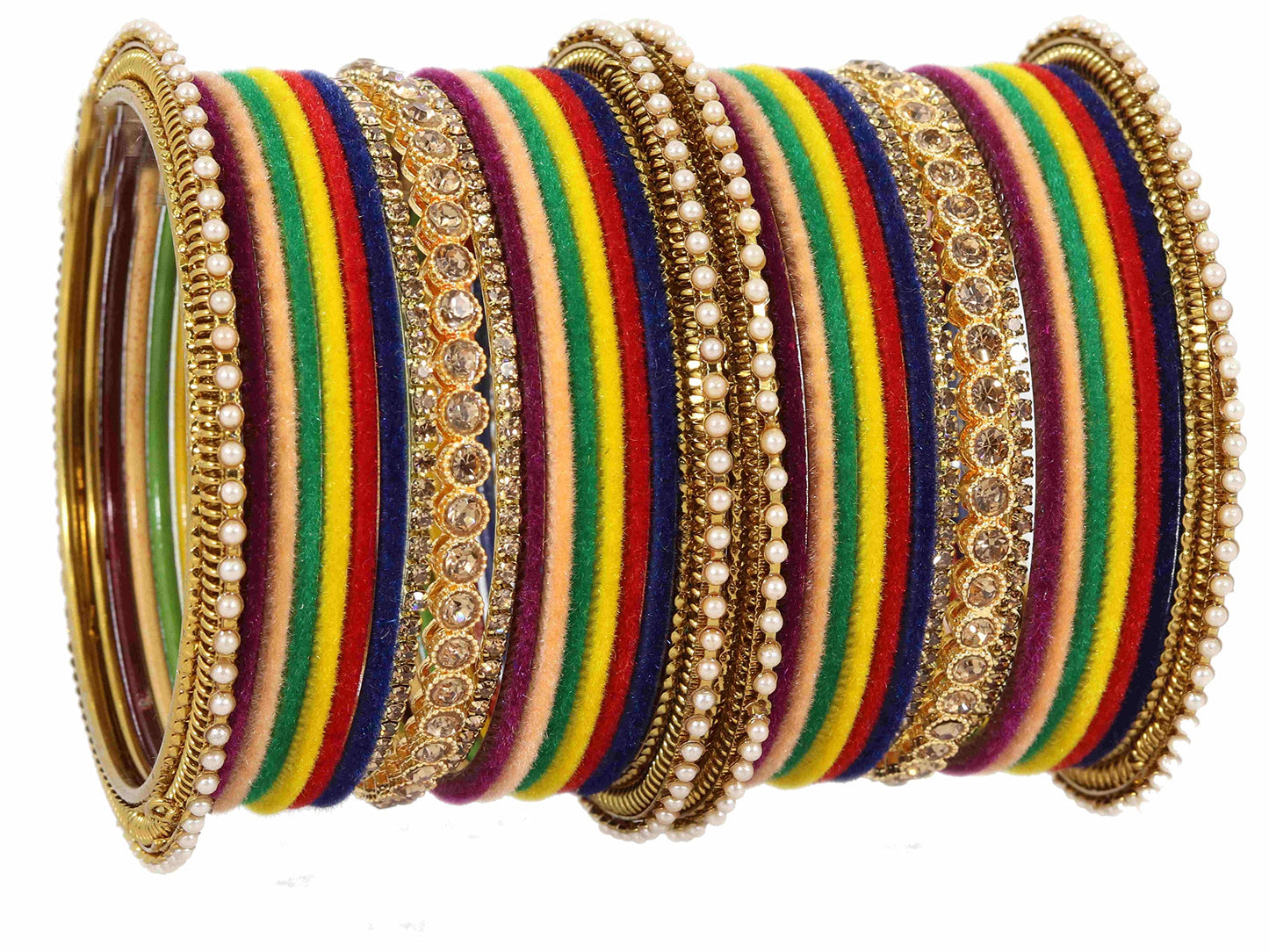 Multi Velvet Bridal Chuda Set – Metal Base with Zircon Diamond-Studded Bangles