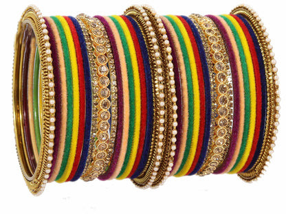 Multi Velvet Bridal Chuda Set – Metal Base with Zircon Diamond-Studded Bangles