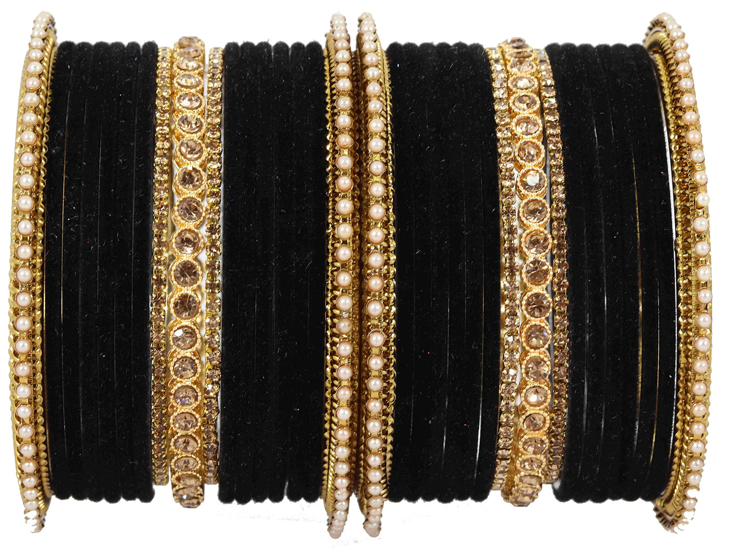 Black  Velvet Bridal Chuda Set – Metal Base with Zircon Diamond-Studded Bangles