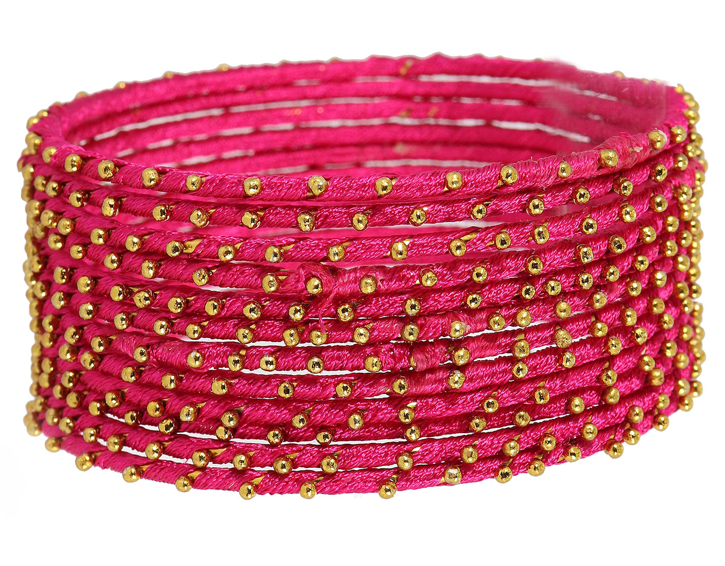 Magenta Silk Thread Ball Stone Linked Glossy Bangle Set for Women & Girls | Pack of 12