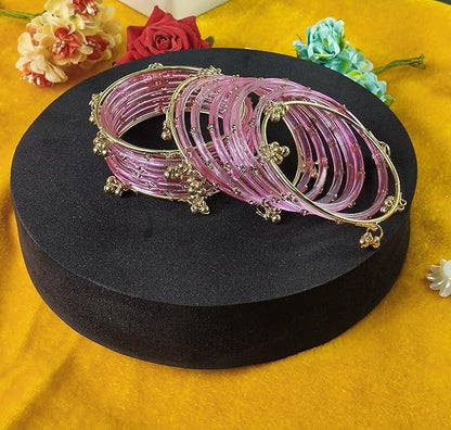 Pink Glass Bangles Set with Gold Metal Ghungroo Pack of 16