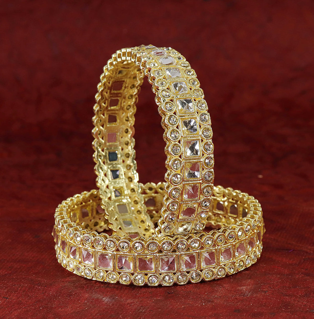 Gold-Plated Premium Square Zircon Stone Designer Bangles - Set of 2