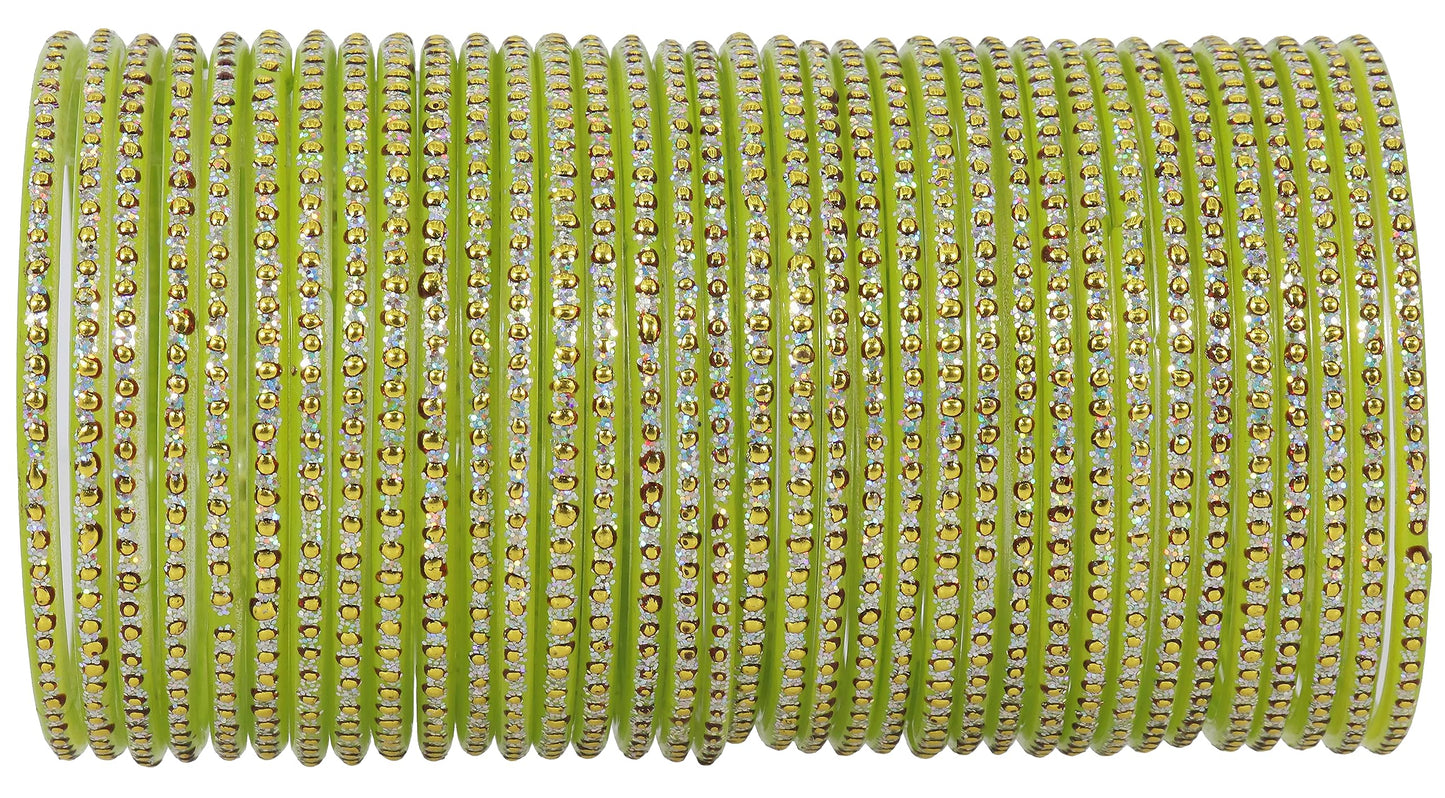 Dhani Green Glass Bangles with Golden Dots & Stone Work – Pack of 36