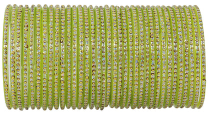 Dhani Green Glass Bangles with Golden Dots & Stone Work – Pack of 36