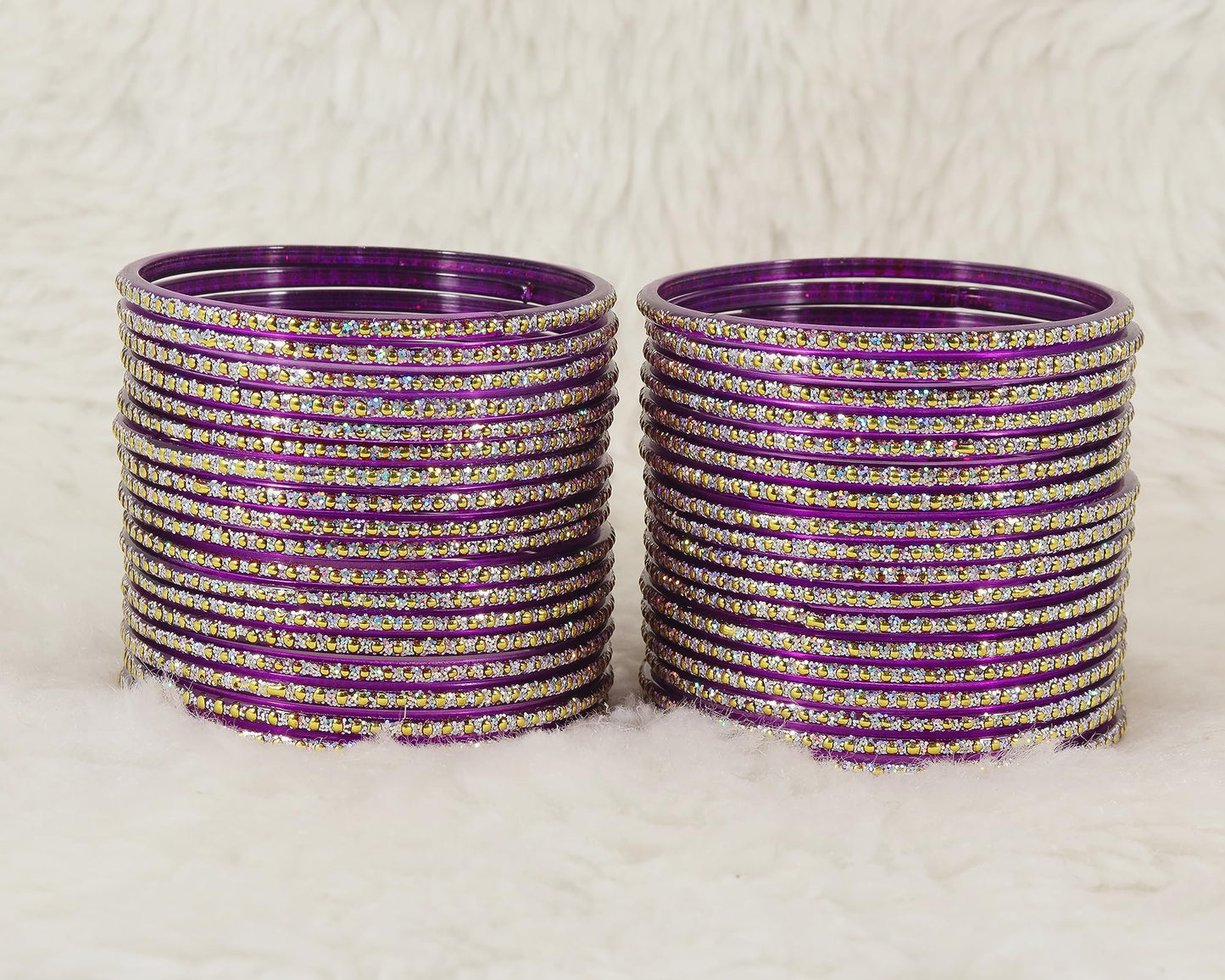 Glass Bangles Set – Pack of 36 | Purple with Polka Dots & Glitter Design