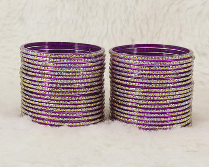 Glass Bangles Set – Pack of 36 | Purple with Polka Dots & Glitter Design