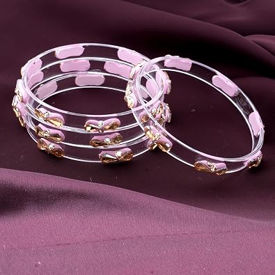 Transparent Glass Kada Set With Golden Zircon Stones & Kundan - Pack of 4