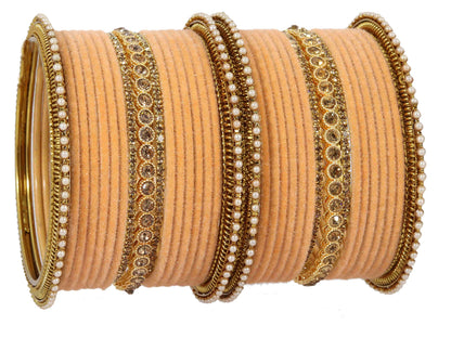 Peach Velvet Bridal Chuda Set – Metal Base with Zircon Diamond-Studded Bangles