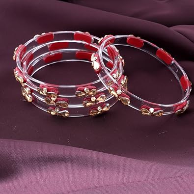 Transparent Glass Kada Set With Golden Zircon Stones & Kundan - Pack of 4