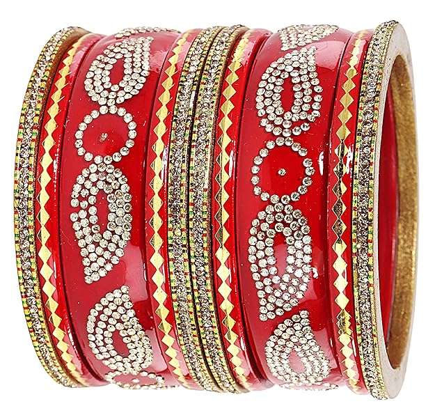 ✨ Elegant Red Lac Zircon Diamond Stone Bangles – Pack of 10