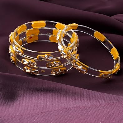 Transparent Glass Kada Set With Golden Zircon Stones & Kundan - Pack of 4
